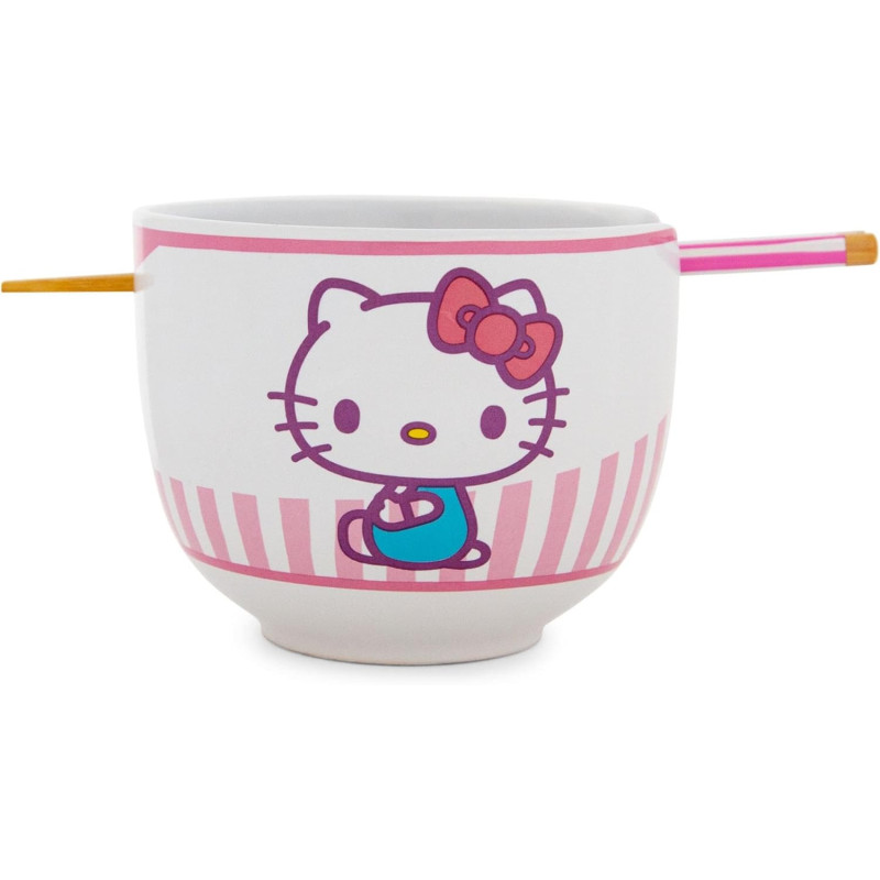 Hello Kitty Tokyo Pink Stripes Ramen Bowl with Chopsticks and Spoon
